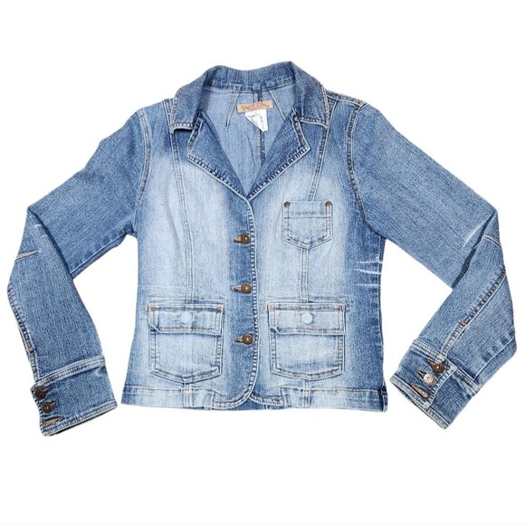 Vintage Y2k Paris Blues Jean Jacket 90s Denim Blazer Blue Faded Fitted Burnout S - Picture 1 of 11